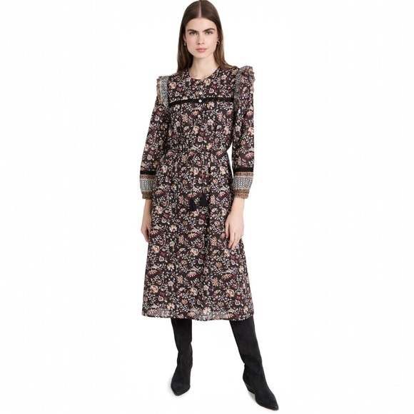 NWT Cleobella Lotus Midi Dress Lolita Block Print Long Sleeve Cotton Lined